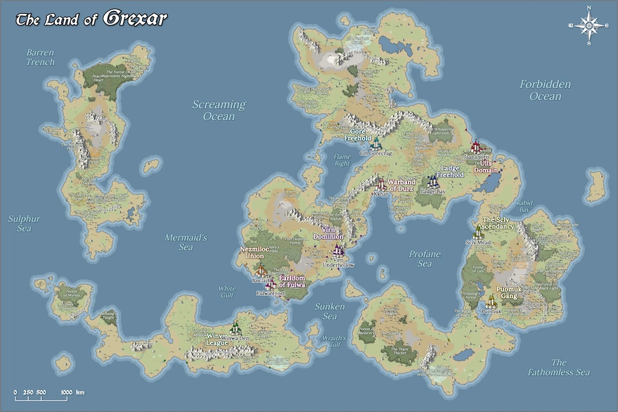 Example world map with continents, realms and roads